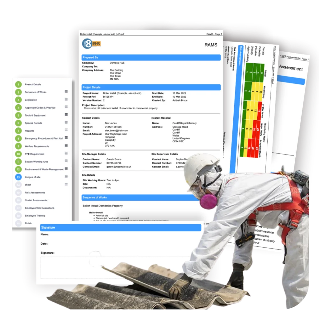 RAMS document pages beside an asbestos removal worker in protective suit and respirator