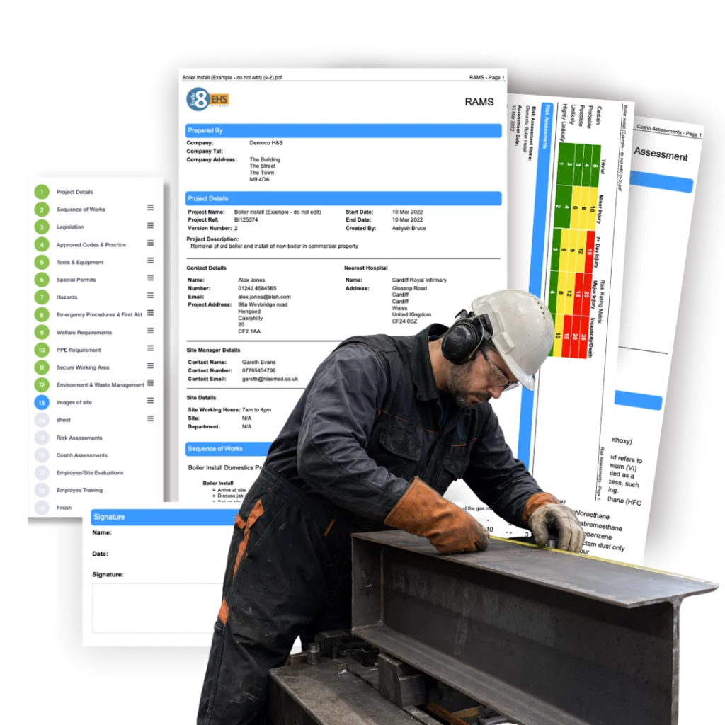 RAMS document pages beside a steel fabricator measuring a steel beam