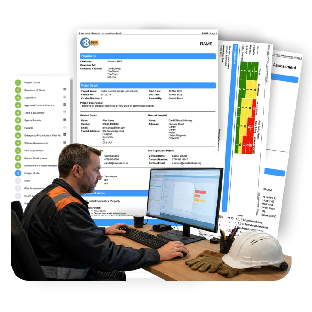 RAMS document pages beside a worker at a desk computer with his hard hat and gloves