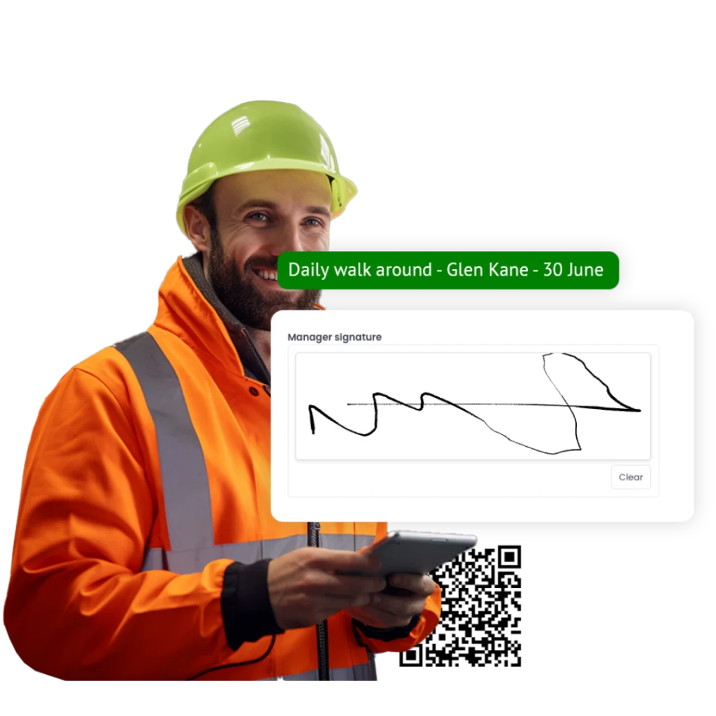 Worker with a tablet beside a daily walk-around check with a manager's signature and QR code
