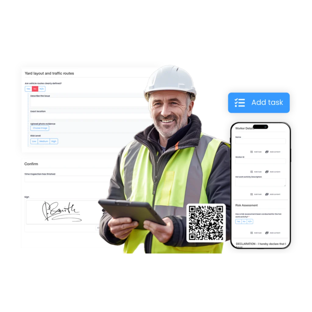 Site worker with a tablet beside an inspection form with photo evidence, a sign-off and a mobile form with a QR code