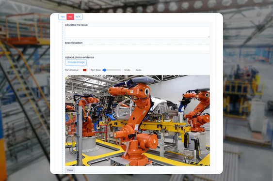 Failed inspection answer with a description, location and photo of factory robots as evidence