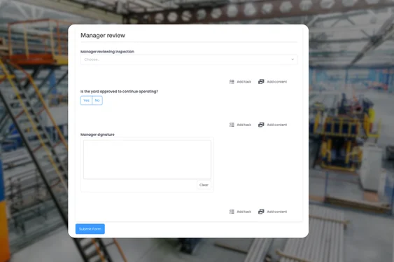 Manager review form asking whether the yard is approved to continue operating, with a signature box