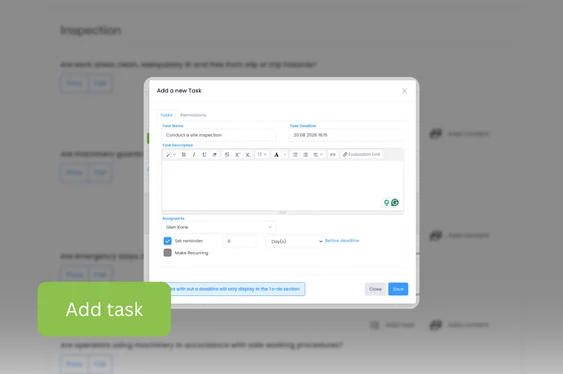 Add a new Task form over an inspection, with an Add task button