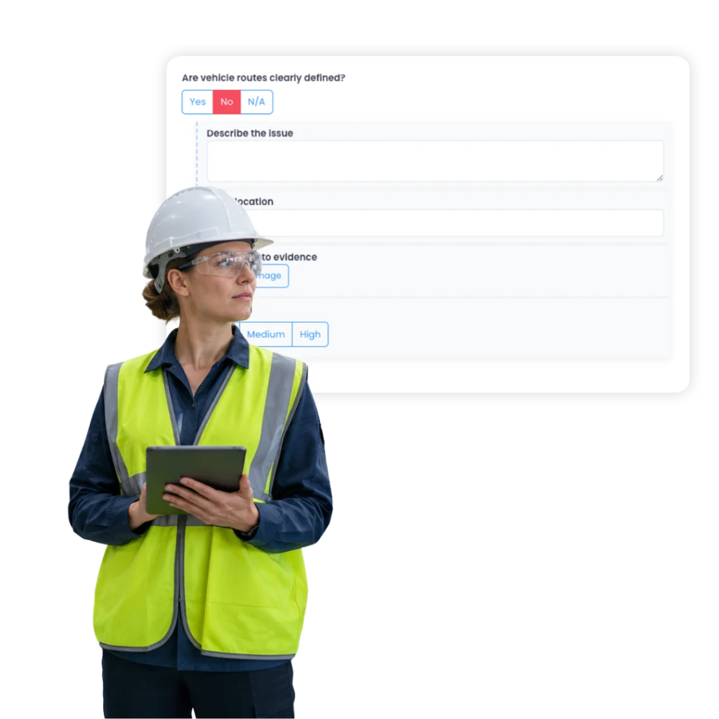 Inspector with a tablet beside a failed question asking for a description, location, photo and risk level