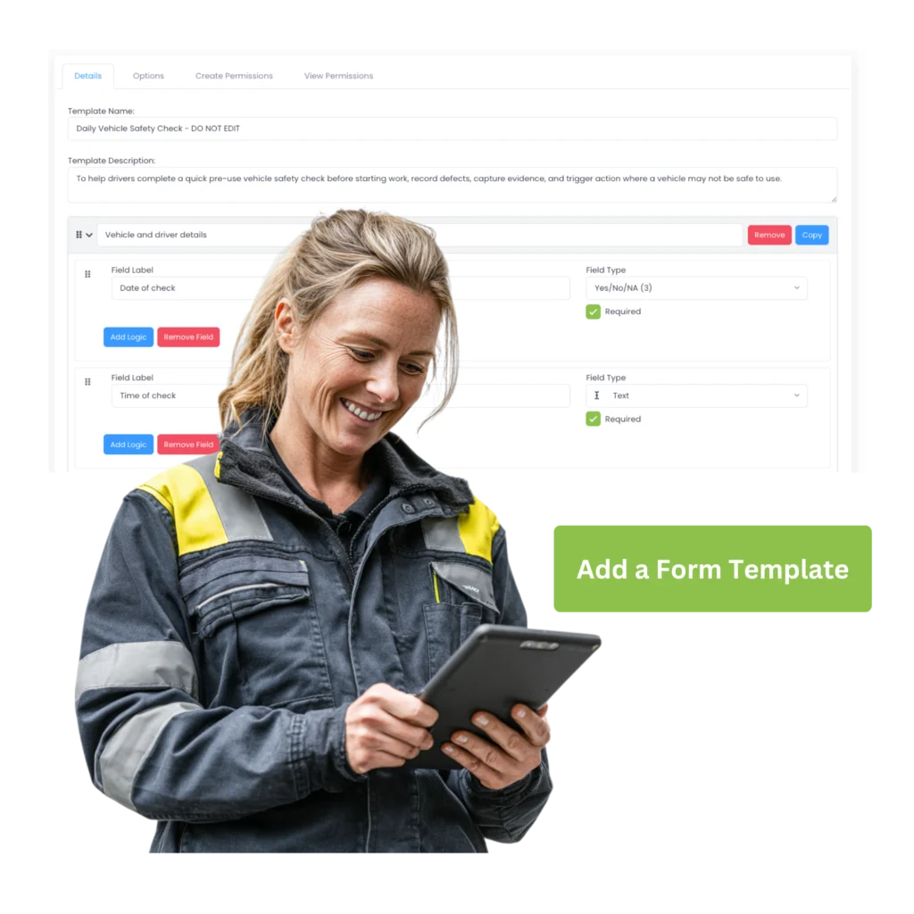 Form template builder for a daily vehicle safety check, beside a worker with a tablet