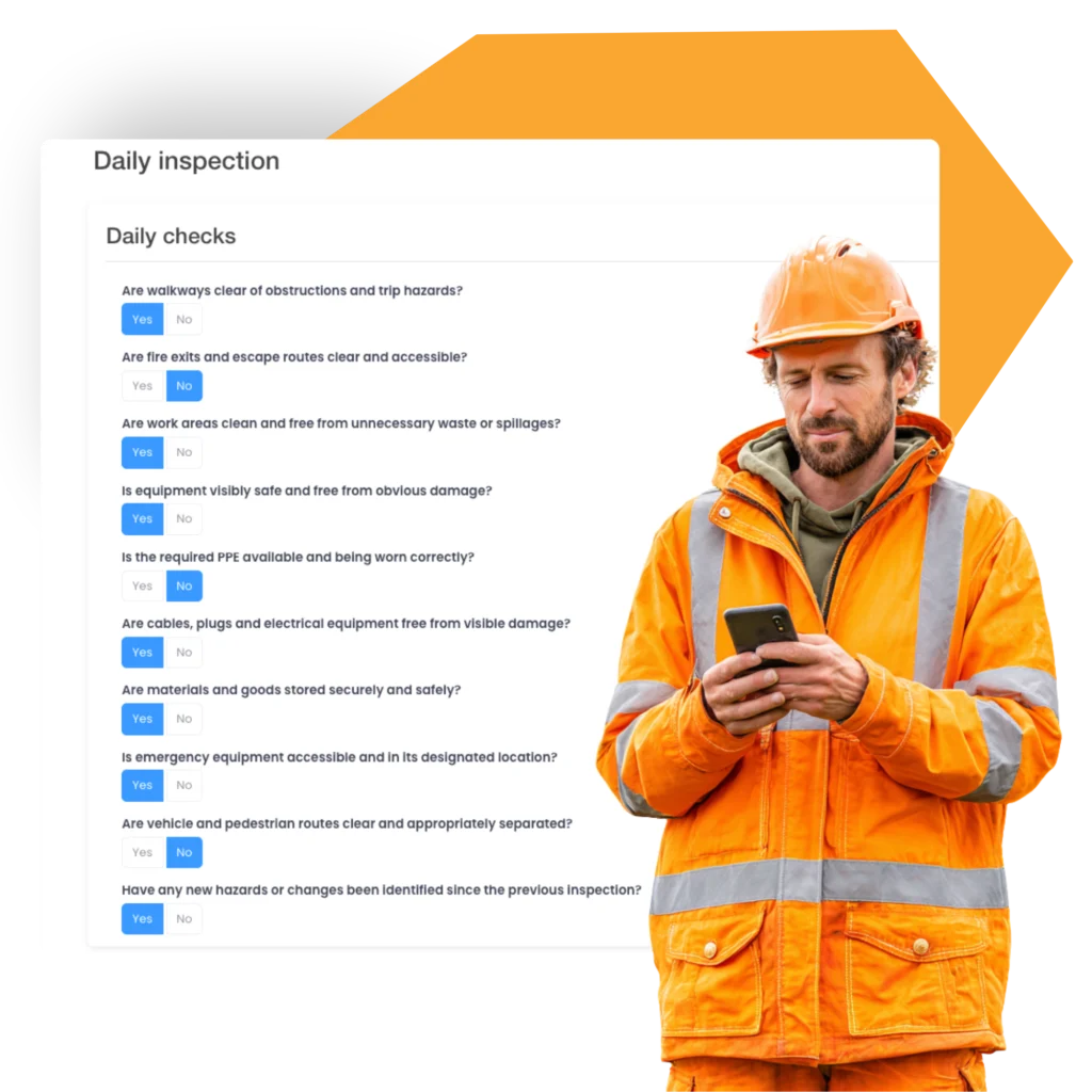 Daily checks checklist with Yes and No answers, beside a worker on his phone