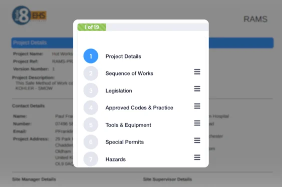 RAMS project steps from project details to hazards, over a RAMS document