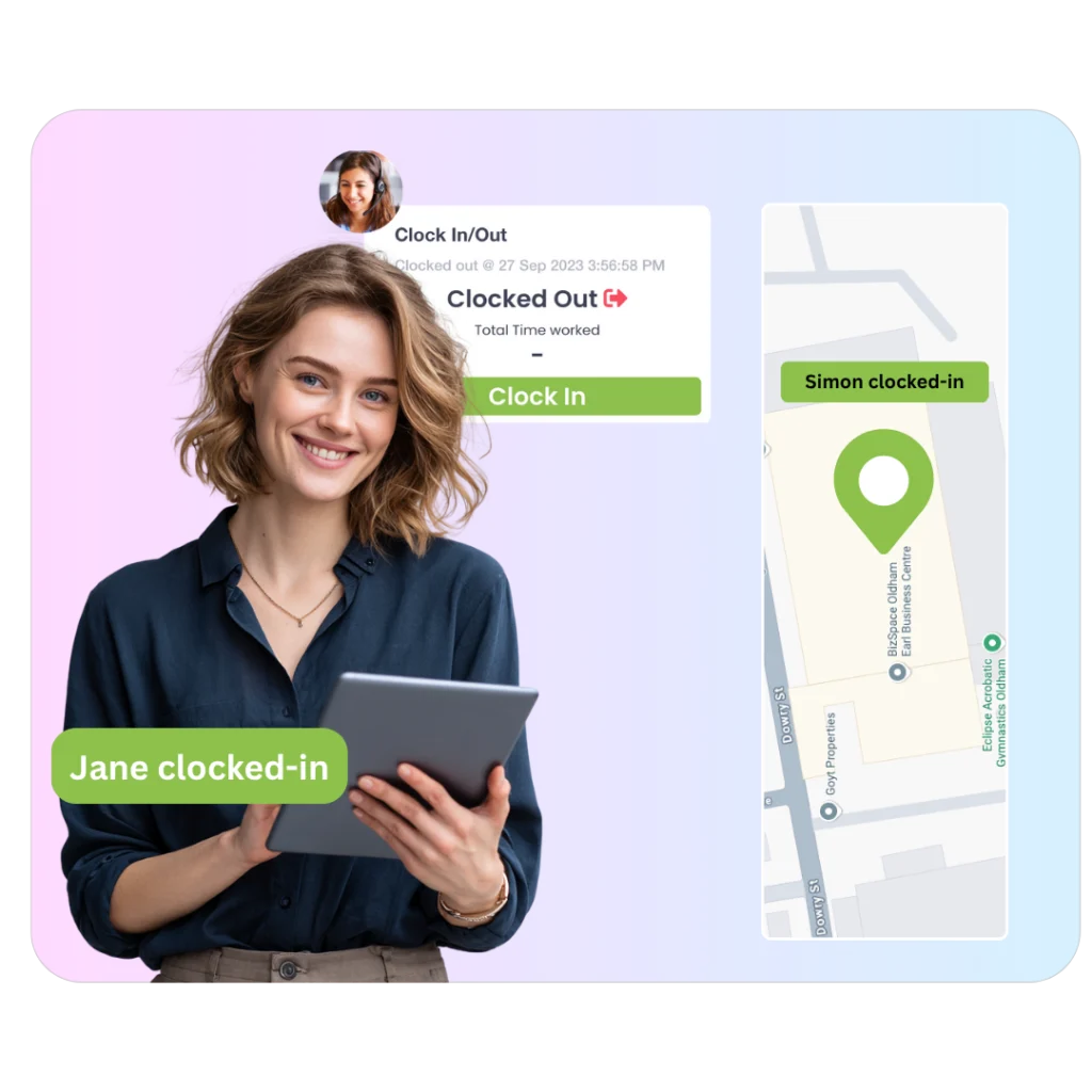 Woman with a tablet beside a clock-in screen and a map showing a colleague clocked in