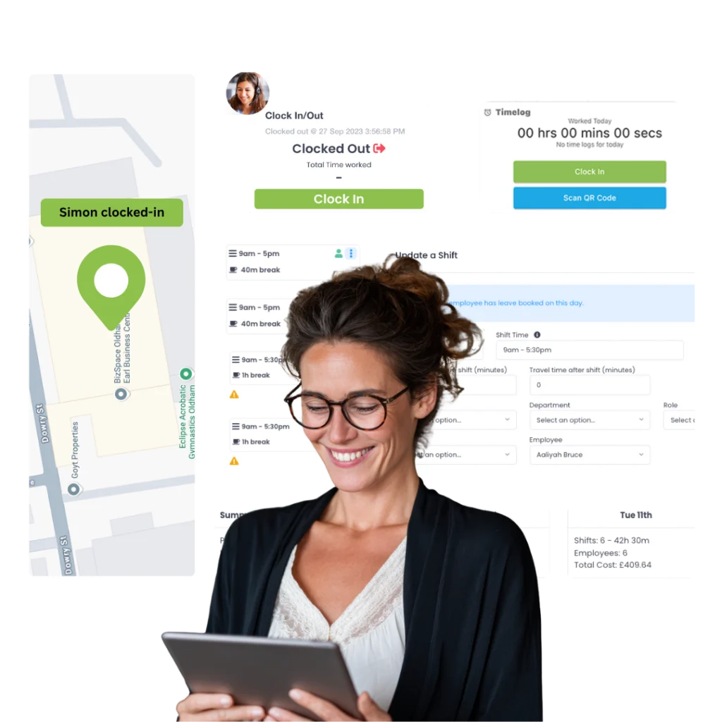 Woman with a tablet beside clock-in, map location, timelog and shift screens