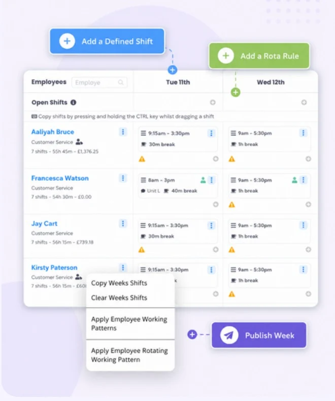 Rota scheduler with shift options, rota rules and Publish Week
